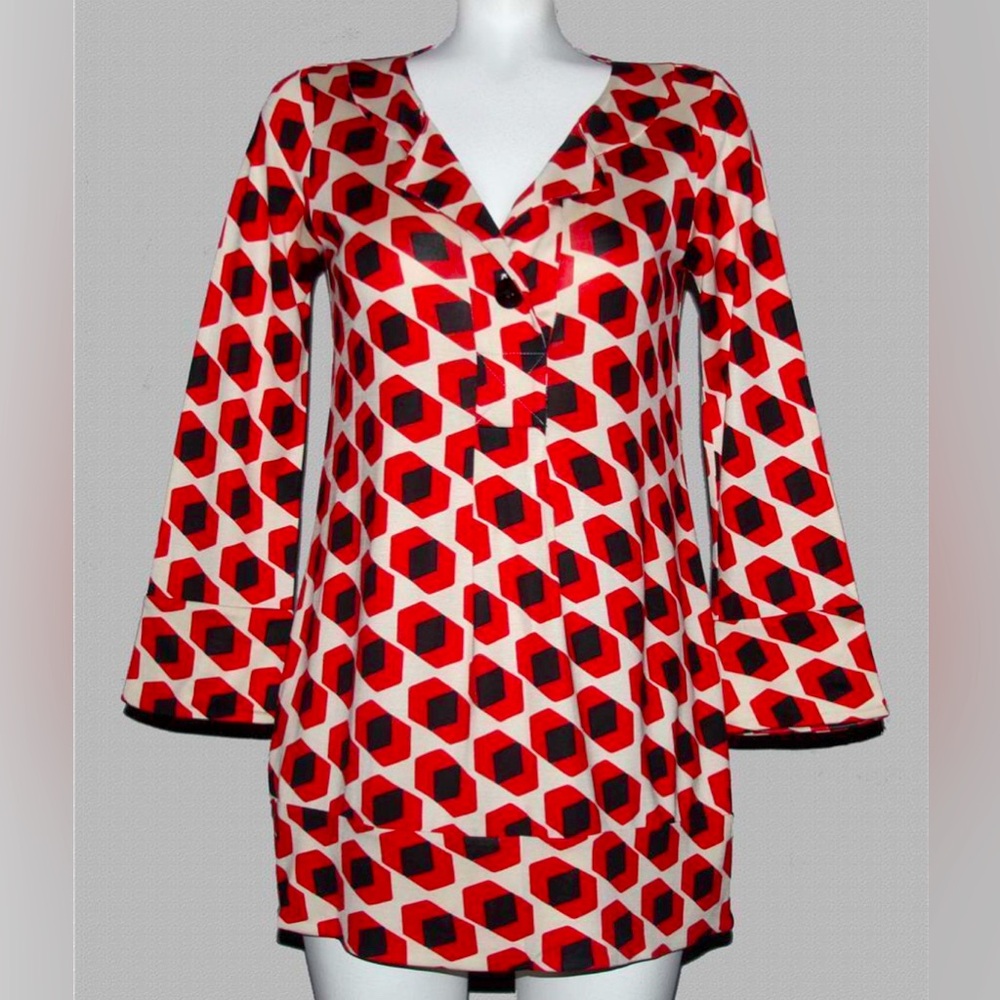 Diane Von Furstenberg Size 2 Red Black Geometric Silk Pleat Front Dress Women